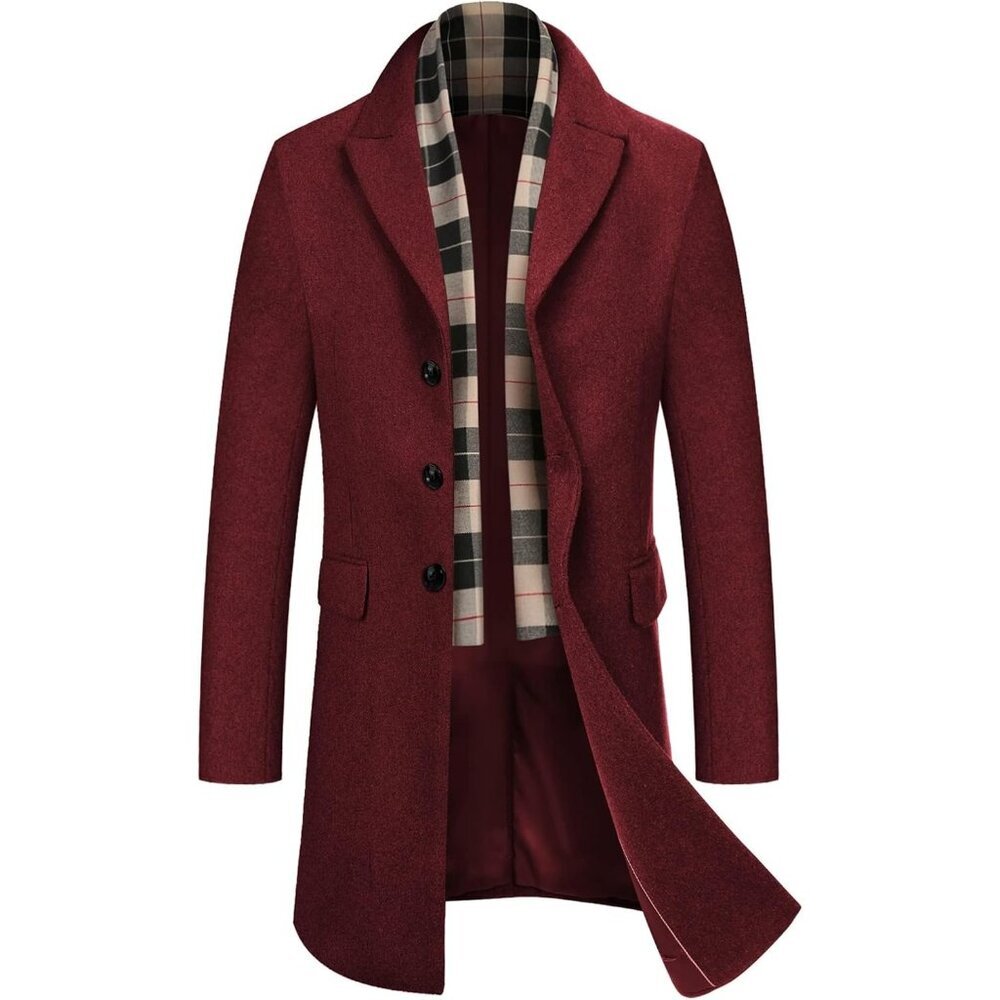 Mens Wine Red Trench Overcoat Wool Blend Coat with Detachable Single Breasted
